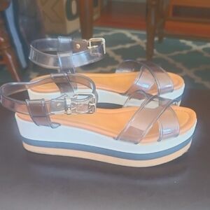 Cream and Tan Platform Sandals with Chunky Sole and Adjustable Straps